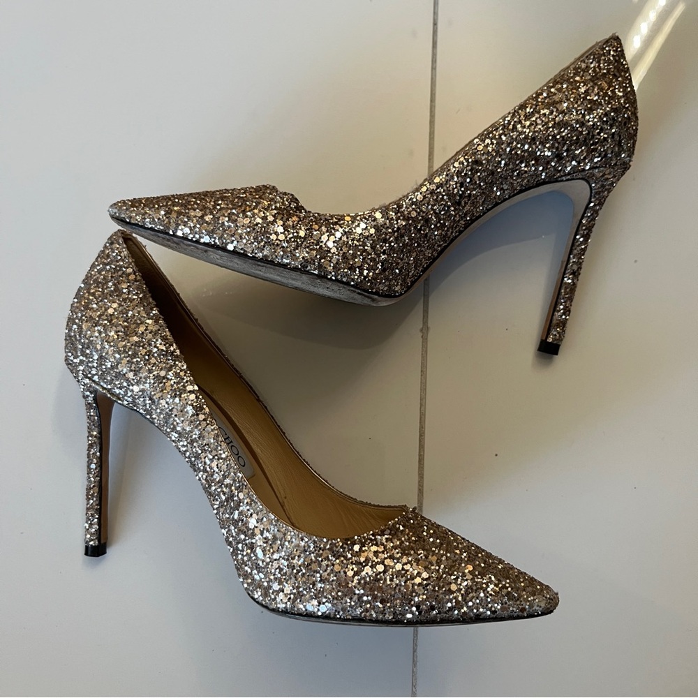 Jimmy Choo Pointed Toe Glitter Pumps - Champagne Gold | EU 37.5 | US size 7.5 - Picture 3 of 6
